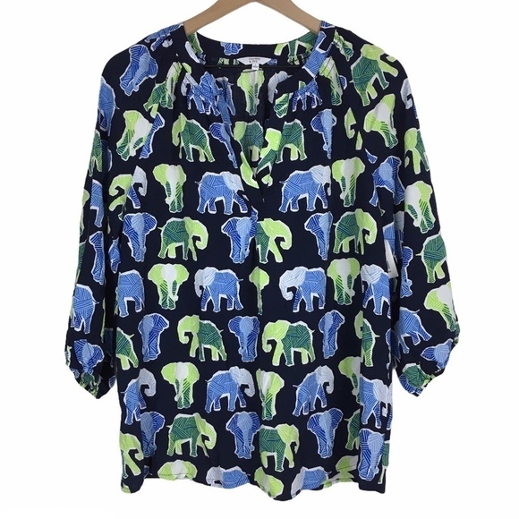CROWN & IVY Top Blouse Elephants Split V Neck 3/4 Sleeve Navy Size Large NWT - Picture 1 of 10